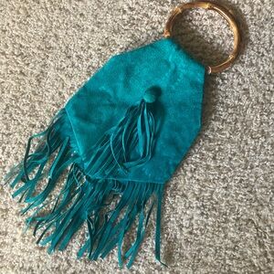 Handmade teal tassle handbag! Bamboo hoop handles